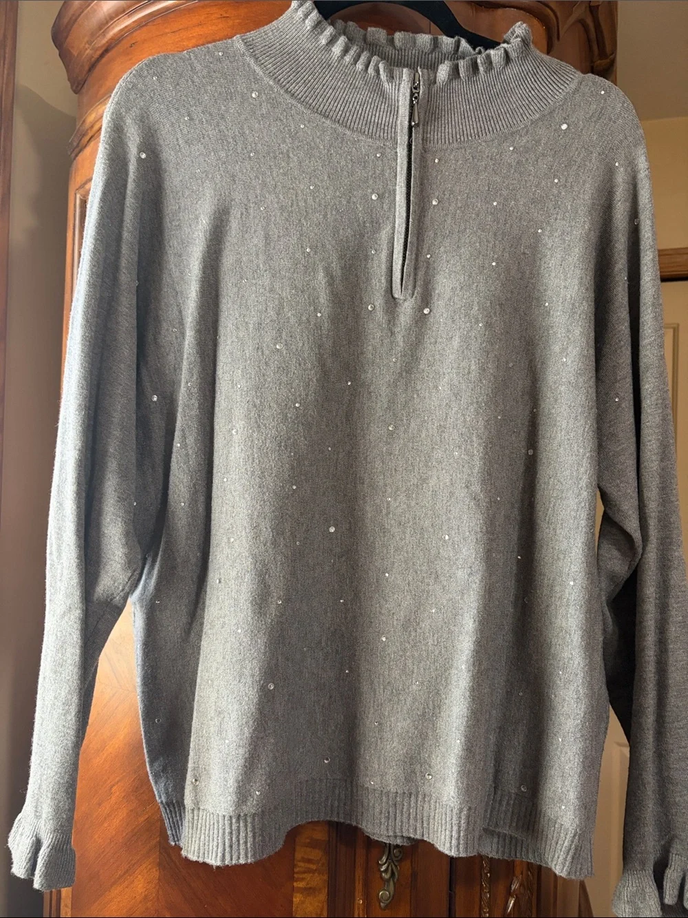 Gray Half-Zip Women’s Sweater with Subtle Embellishments